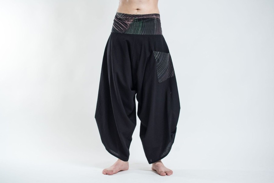 Men HaremPants | Men'S Thai Button Up Cotton Pants With Hill Tribe Trim Black