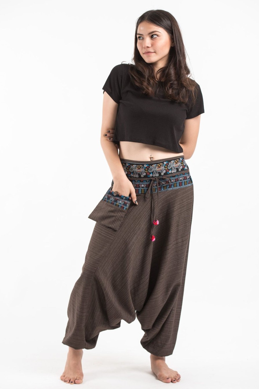 Women HaremPants | Pinstripe Cotton Low Cut Women'S Harem Pants With Elephant Trim In Brown