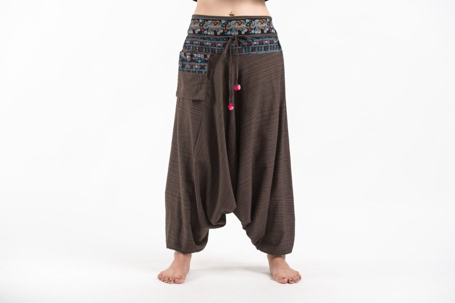 Women HaremPants | Pinstripe Cotton Low Cut Women'S Harem Pants With Elephant Trim In Brown