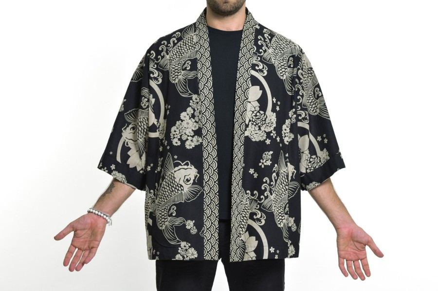 Plus Size HaremPants | Koi Fish Print Cotton Kimono Cardigan In Black