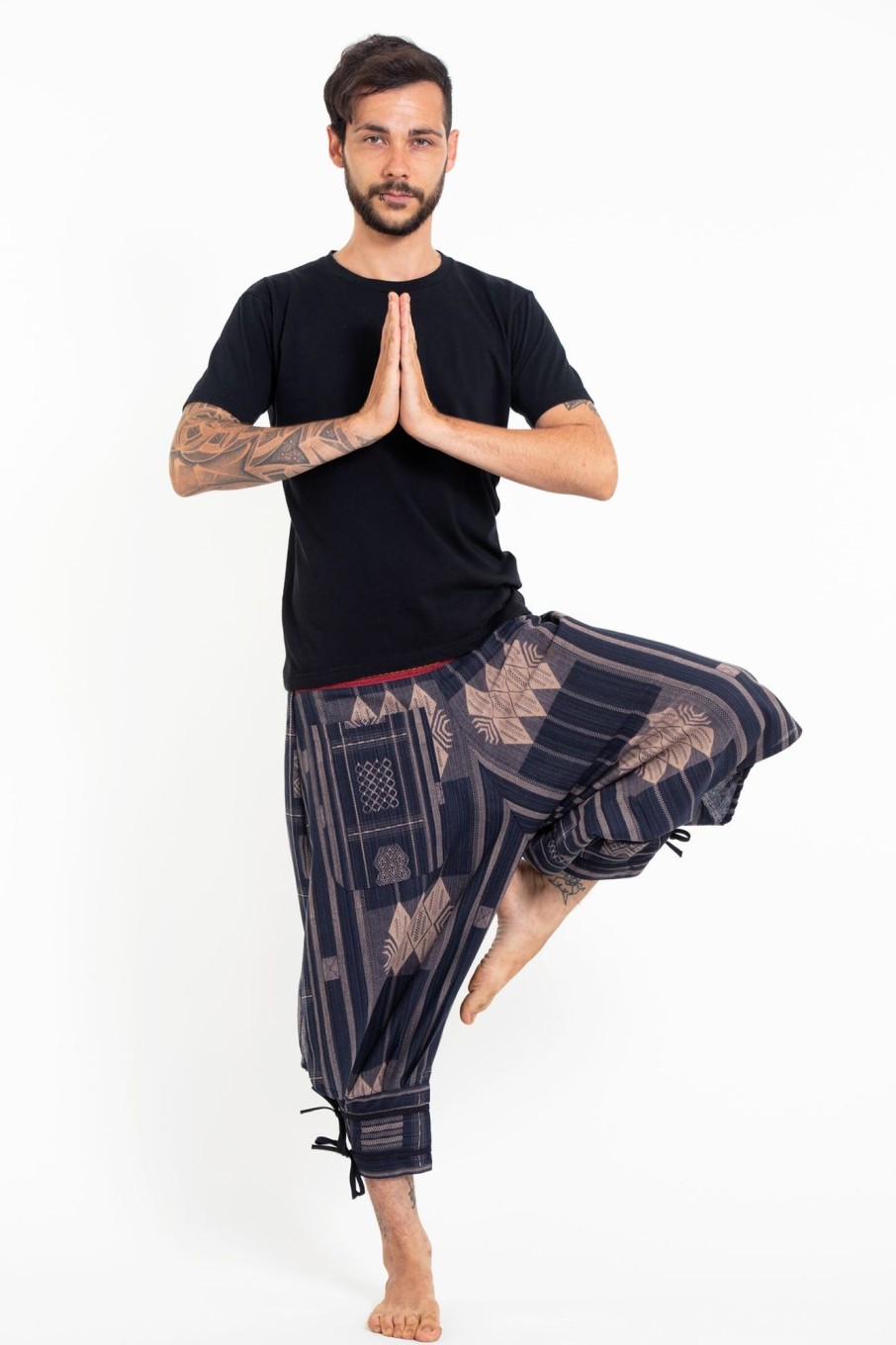 Men HaremPants | Thai Hill Tribe Fabric Men'S Harem Pants With Ankle Straps In Artisan Blue