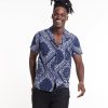 Men HaremPants | Patchwork Paisley Short Sleeve Button Shirt In Navy