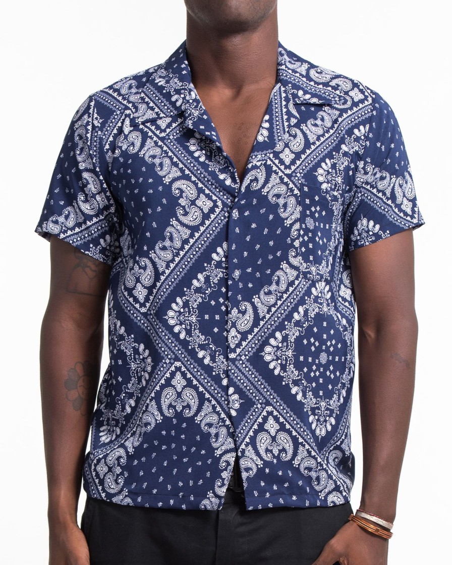 Men HaremPants | Patchwork Paisley Short Sleeve Button Shirt In Navy