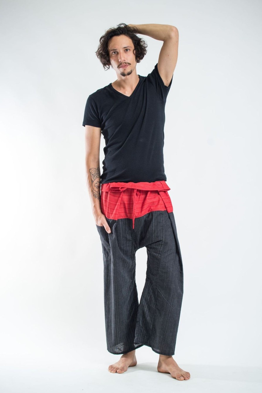 Men HaremPants | Unisex 2-Tone Pinstripes Thai Fisherman Pants In Black Red Black/Red