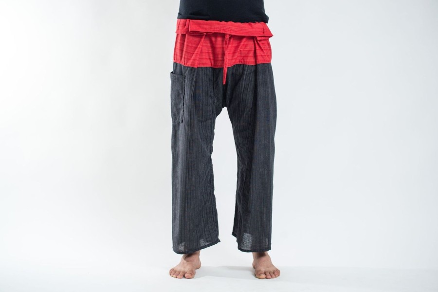 Men HaremPants | Unisex 2-Tone Pinstripes Thai Fisherman Pants In Black Red Black/Red