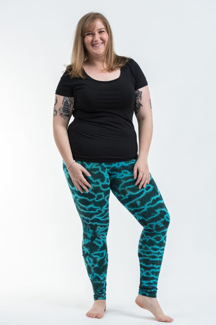 Women HaremPants | Plus Size Marble Tie Dye Cotton Leggings In Turquoise