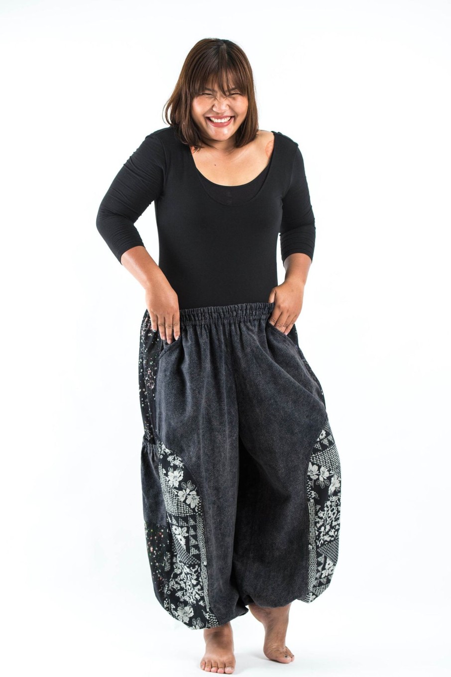 Women HaremPants | Plus Size Stone Washed Patchwork Women Unisex Pants In Black