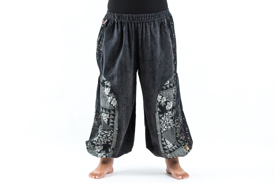 Women HaremPants | Plus Size Stone Washed Patchwork Women Unisex Pants In Black