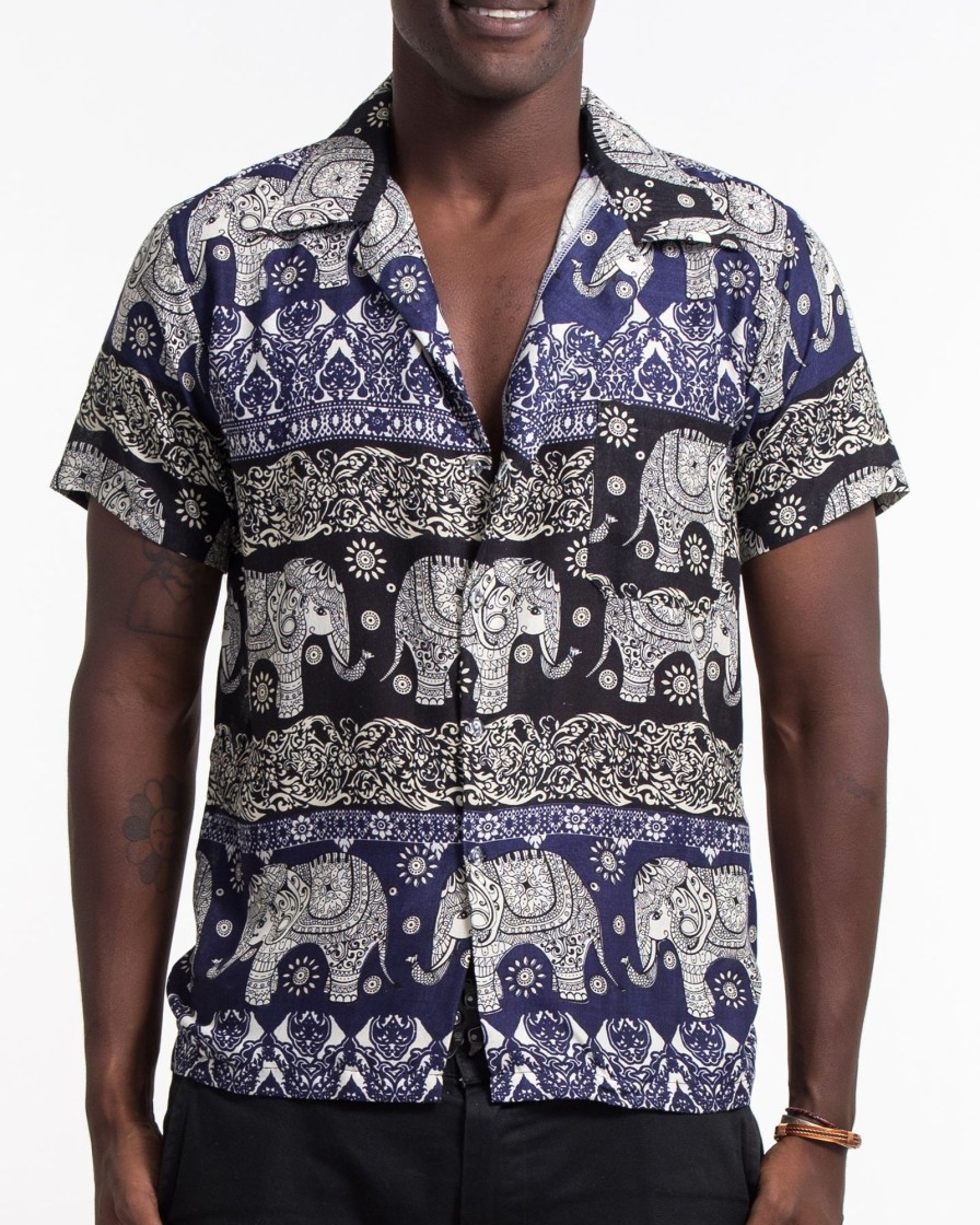 Men HaremPants | Divine Elephant Short Sleeve Button Shirt In Indigo