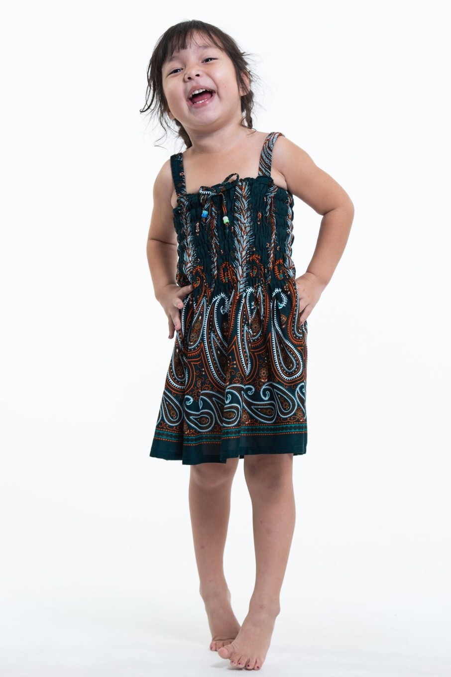 Kids HaremPants | Kids Paisley Feathers Smock Dress In Green