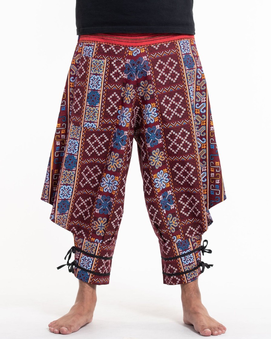 Men HaremPants | Clovers Thai Hill Tribe Fabric Men'S Harem Pants With Ankle Straps In Burgundy