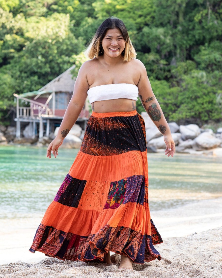 Plus Size HaremPants | Plus Size Patchwork Long Skirt In Bright Orange