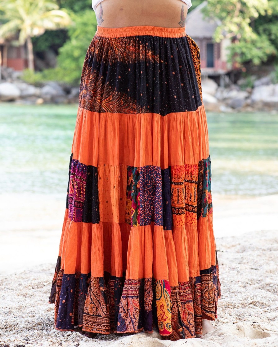 Plus Size HaremPants | Plus Size Patchwork Long Skirt In Bright Orange