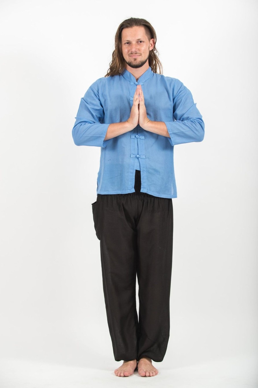 Men HaremPants | Mens Yoga Shirts Chinese Collared In Blue