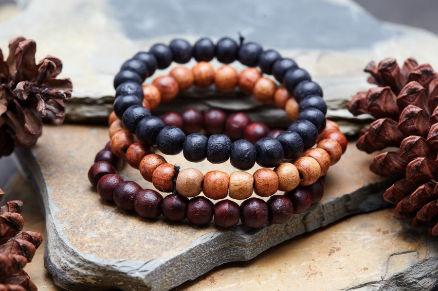 Accessories HaremPants | Hand Made Set Of 3 Thai Wooden Mala Bead Elastic Bracelets Brown