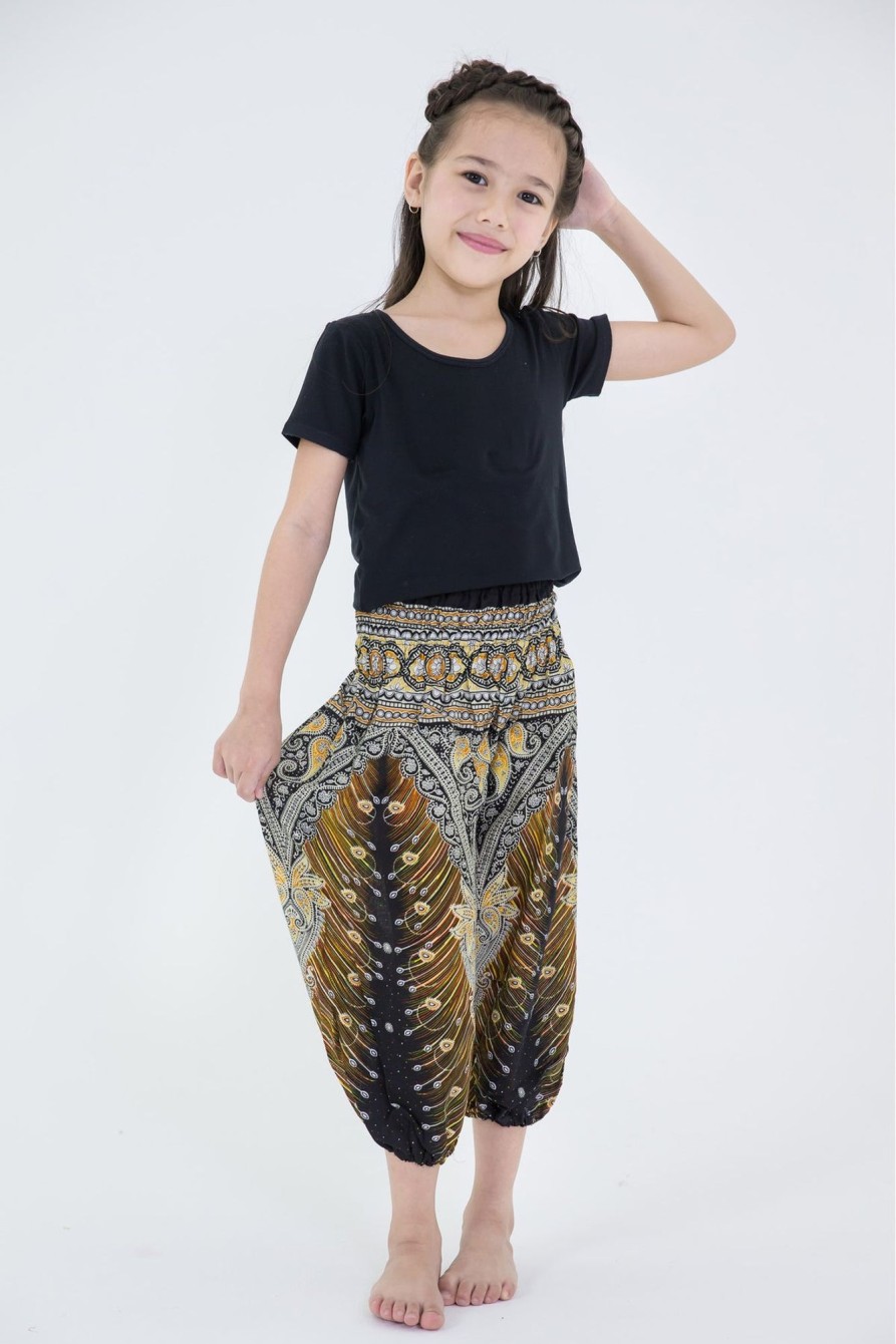 Kids HaremPants | Peacock Feathers Kids Harem Pants In Black