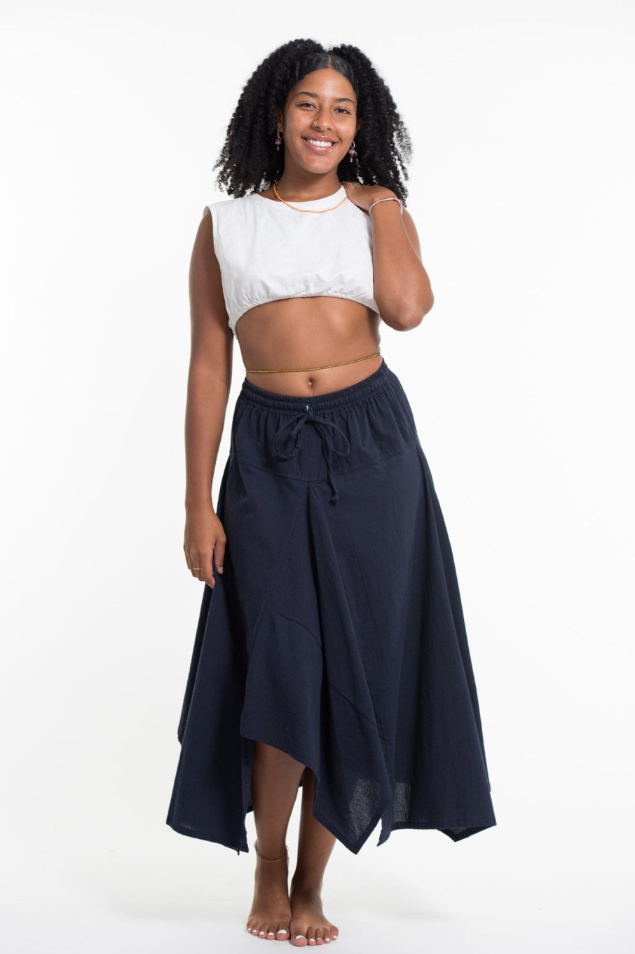 Women HaremPants | Solid Color Cotton Handkerchief Midi Skirt In Navy