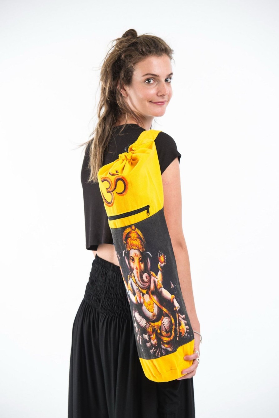 Accessories HaremPants | Embroidered Ohm + Ganesha Print Cotton U0026 Hemp Yoga Mat Bag Yellow