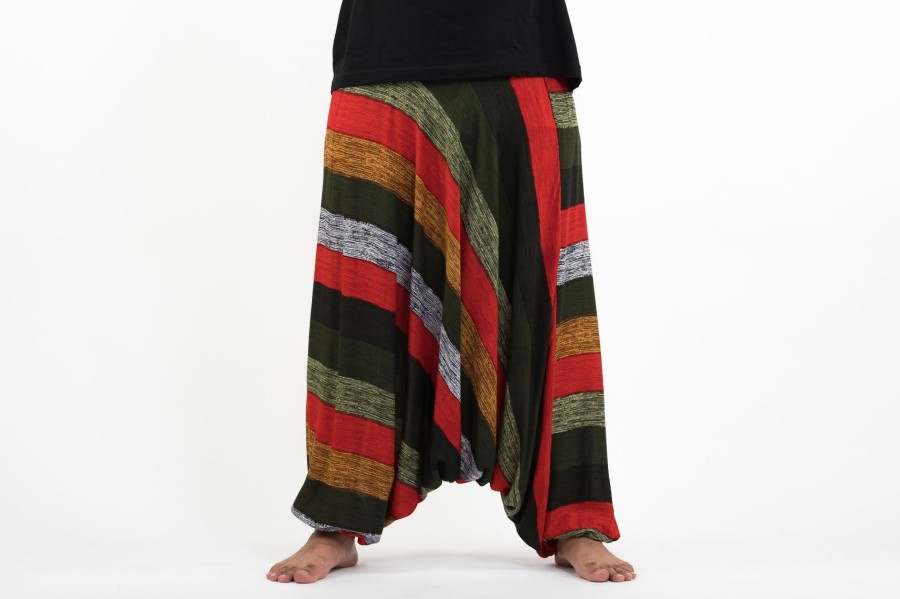 Men HaremPants | Plus Size Boho Striped Drop Crotch Men'S Harem Pants In Green