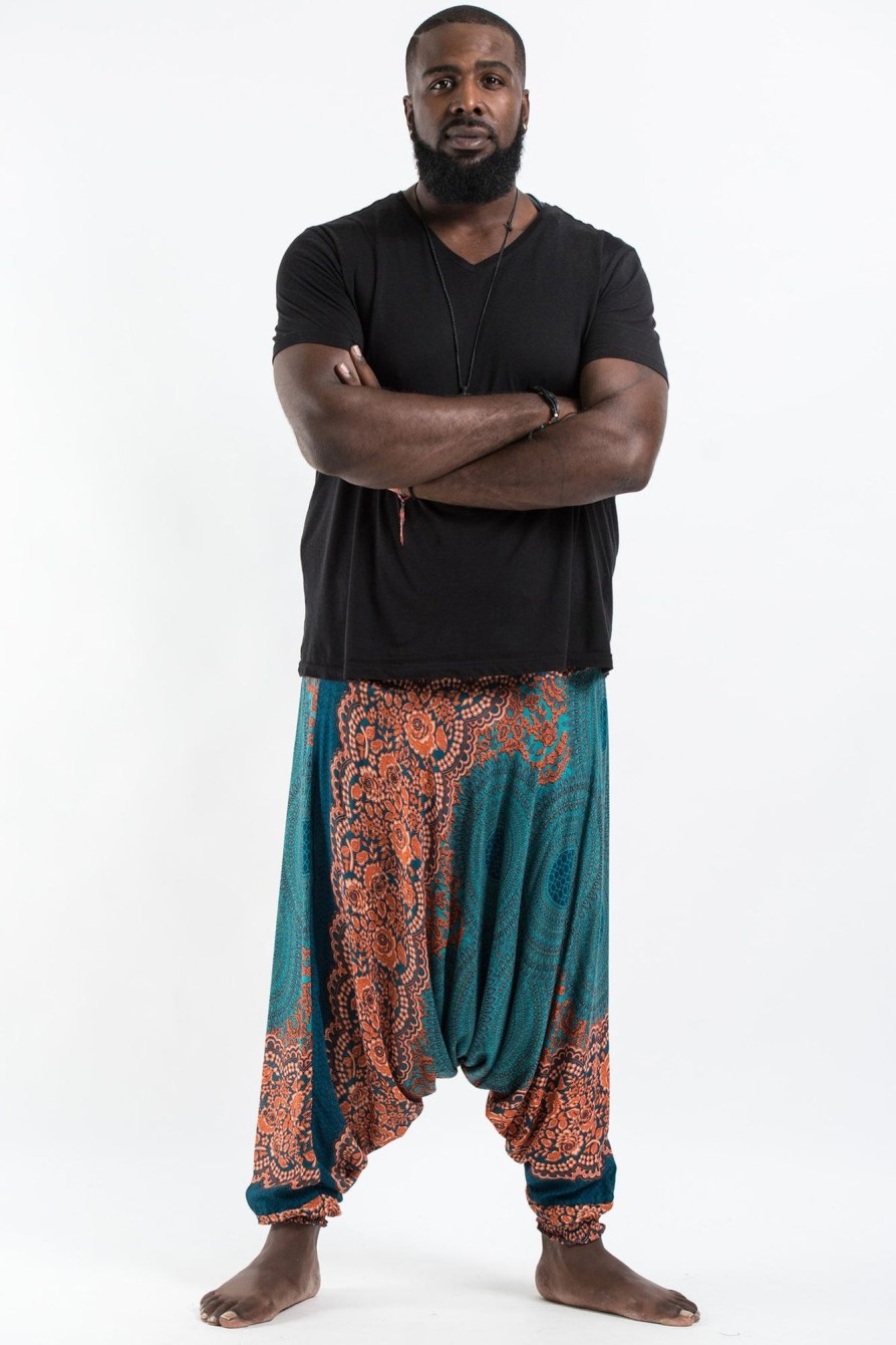 Men HaremPants | Plus Size Geometric Mandalas Drop Crotch Men'S Harem Pants In Turquoise