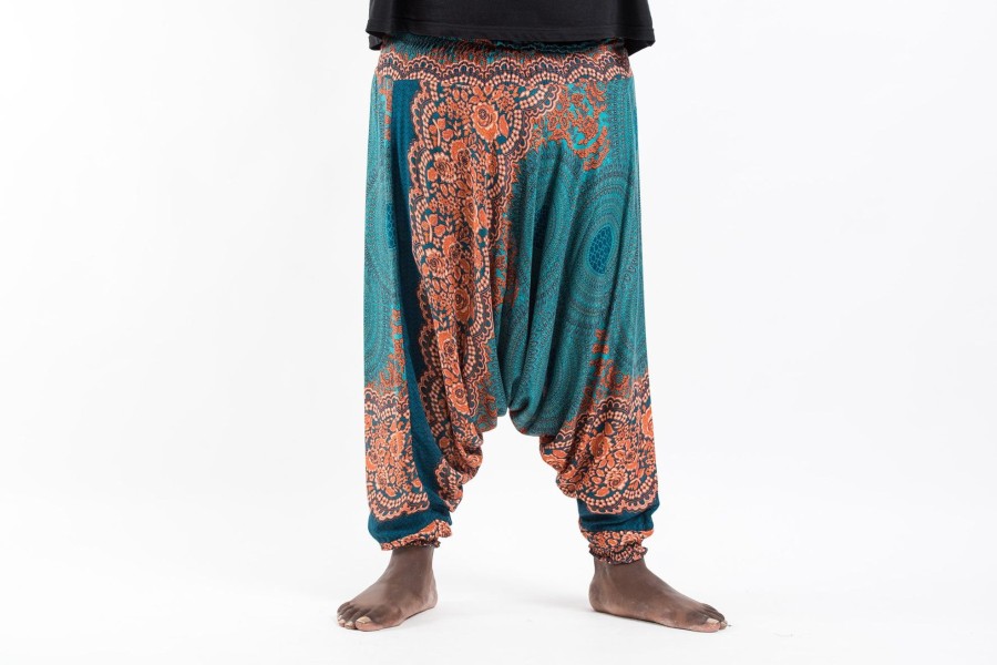 Men HaremPants | Plus Size Geometric Mandalas Drop Crotch Men'S Harem Pants In Turquoise