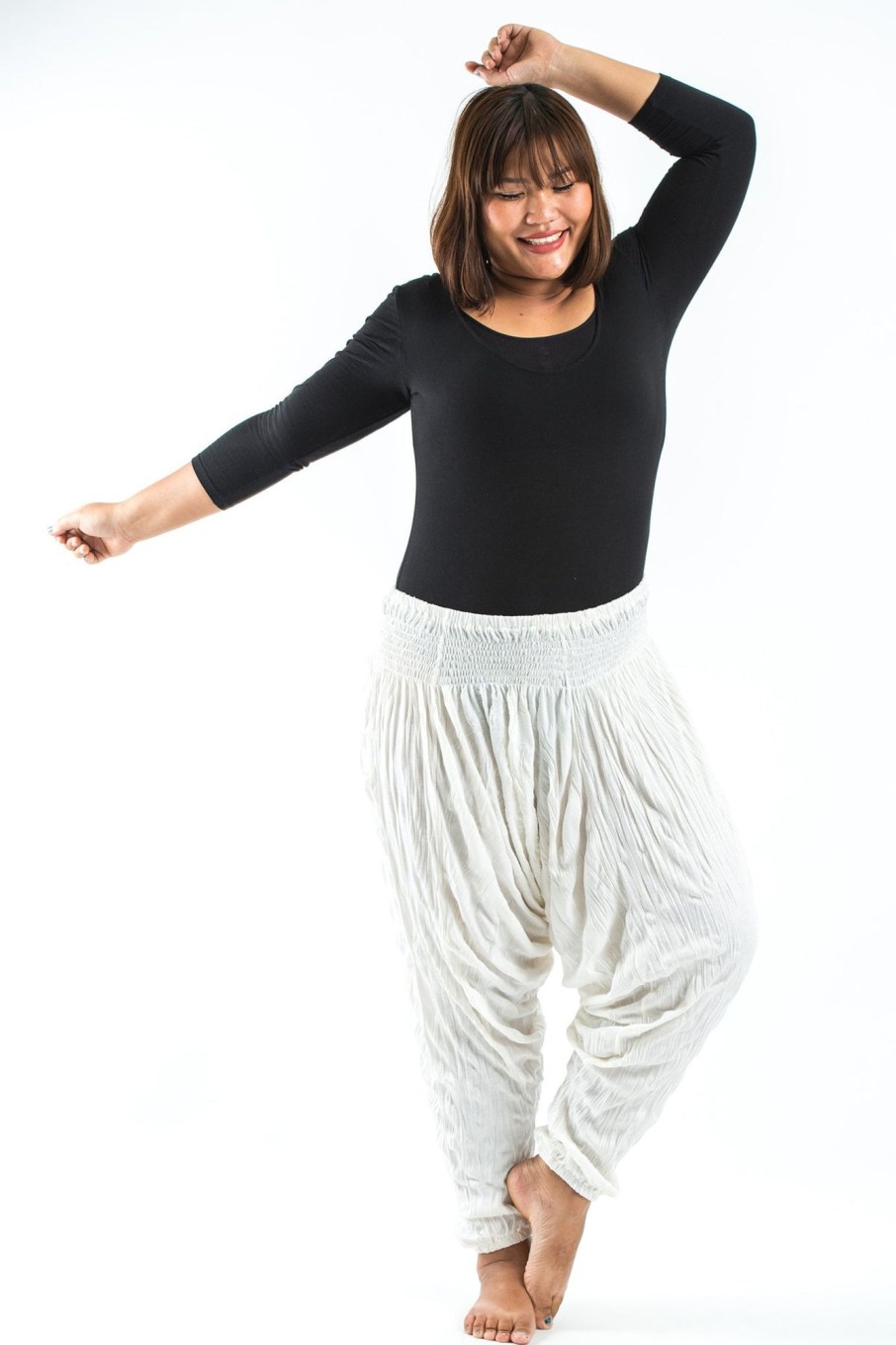 Plus Size HaremPants | Plus Size Crinkled Cotton Harem Pants In White