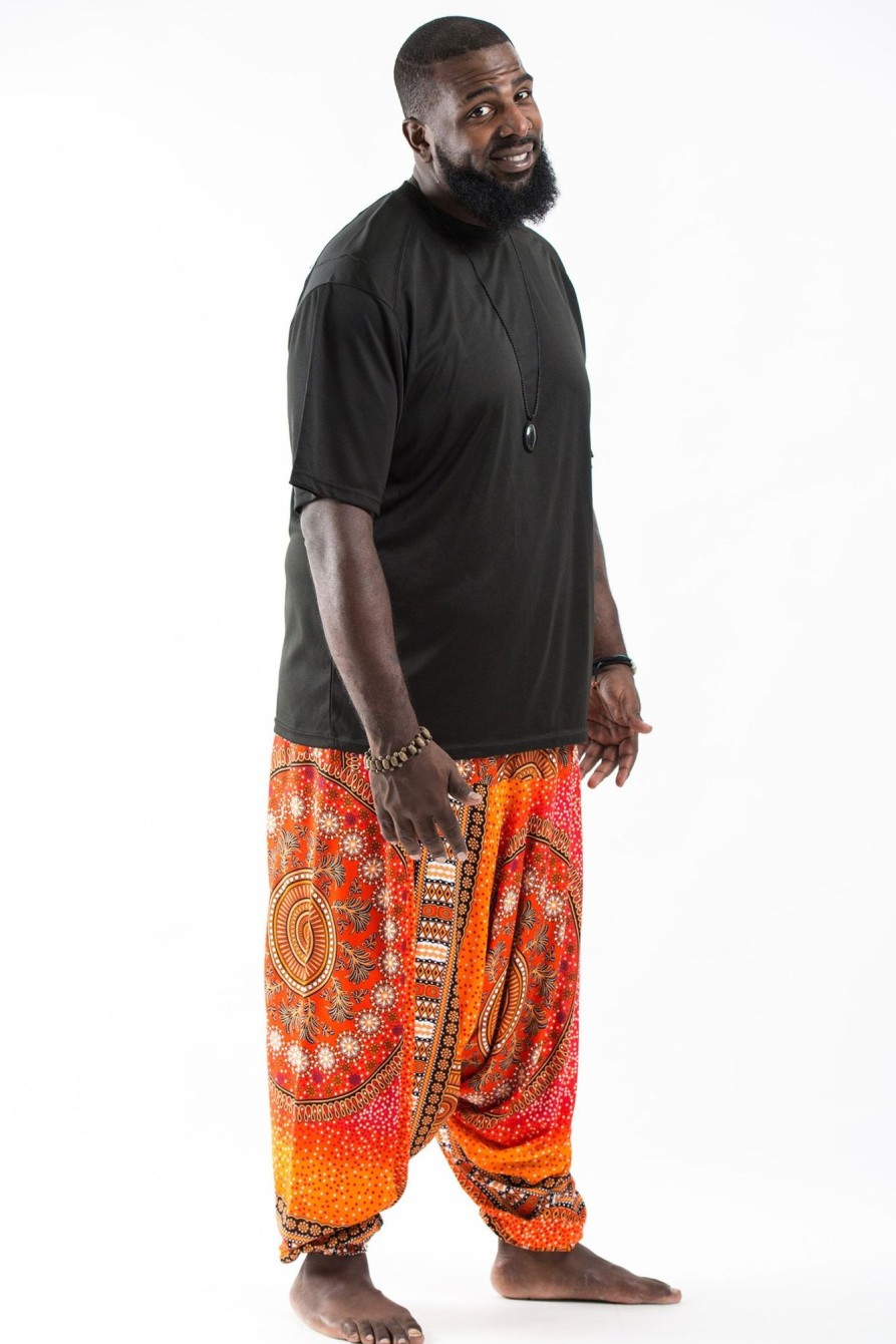 Plus Size HaremPants | Plus Size Tribal Chakras Drop Crotch Men'S Harem Pants In Orange