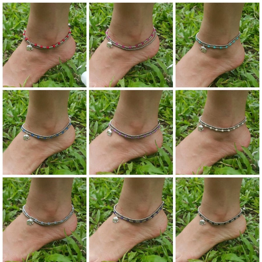 Accessories HaremPants | Hand Made Fair Trade Anklet Double Strand Silver Beads Elephant Turquoise