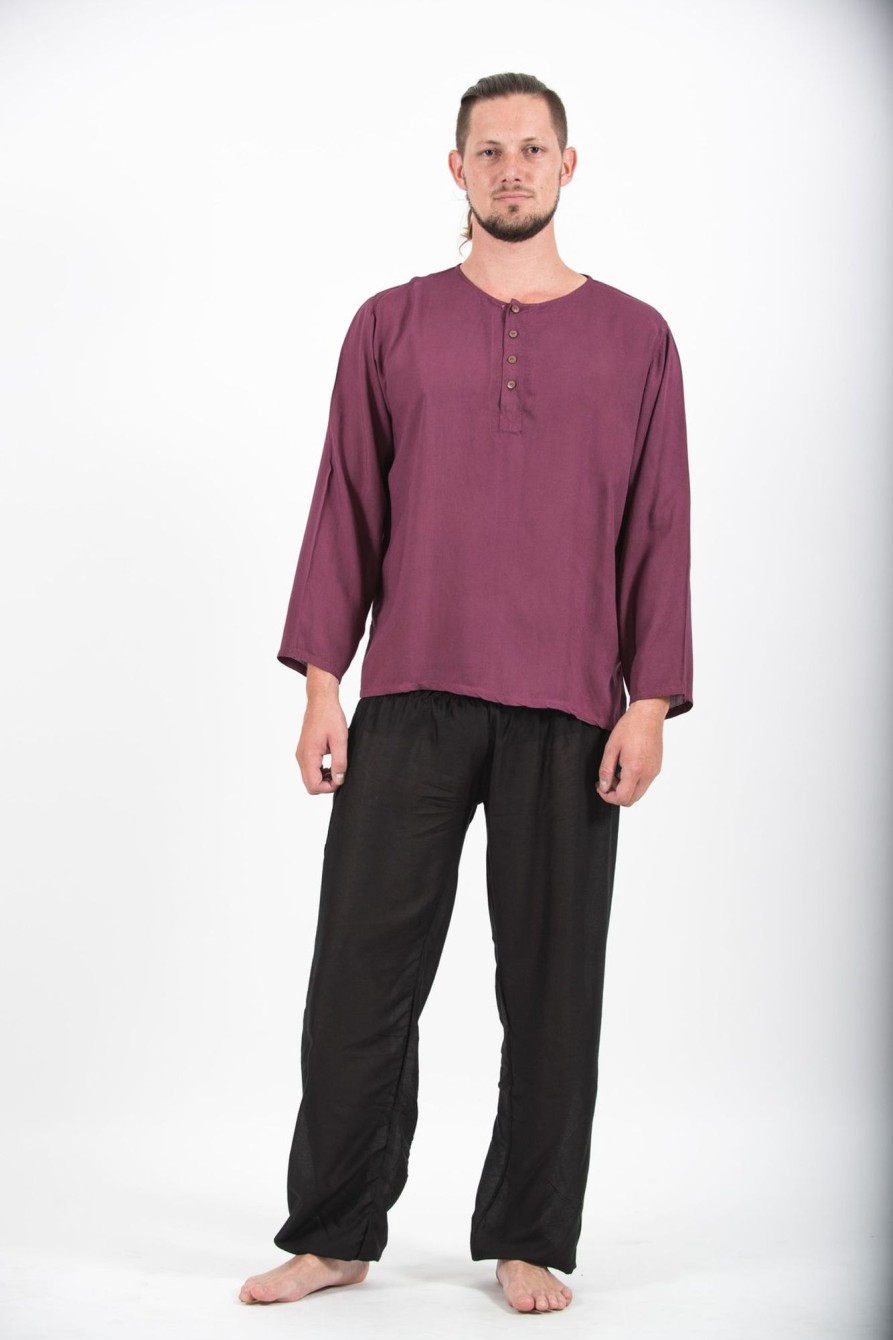 Men HaremPants | Mens Yoga Shirts No Collar With Coconut Buttons In Purple