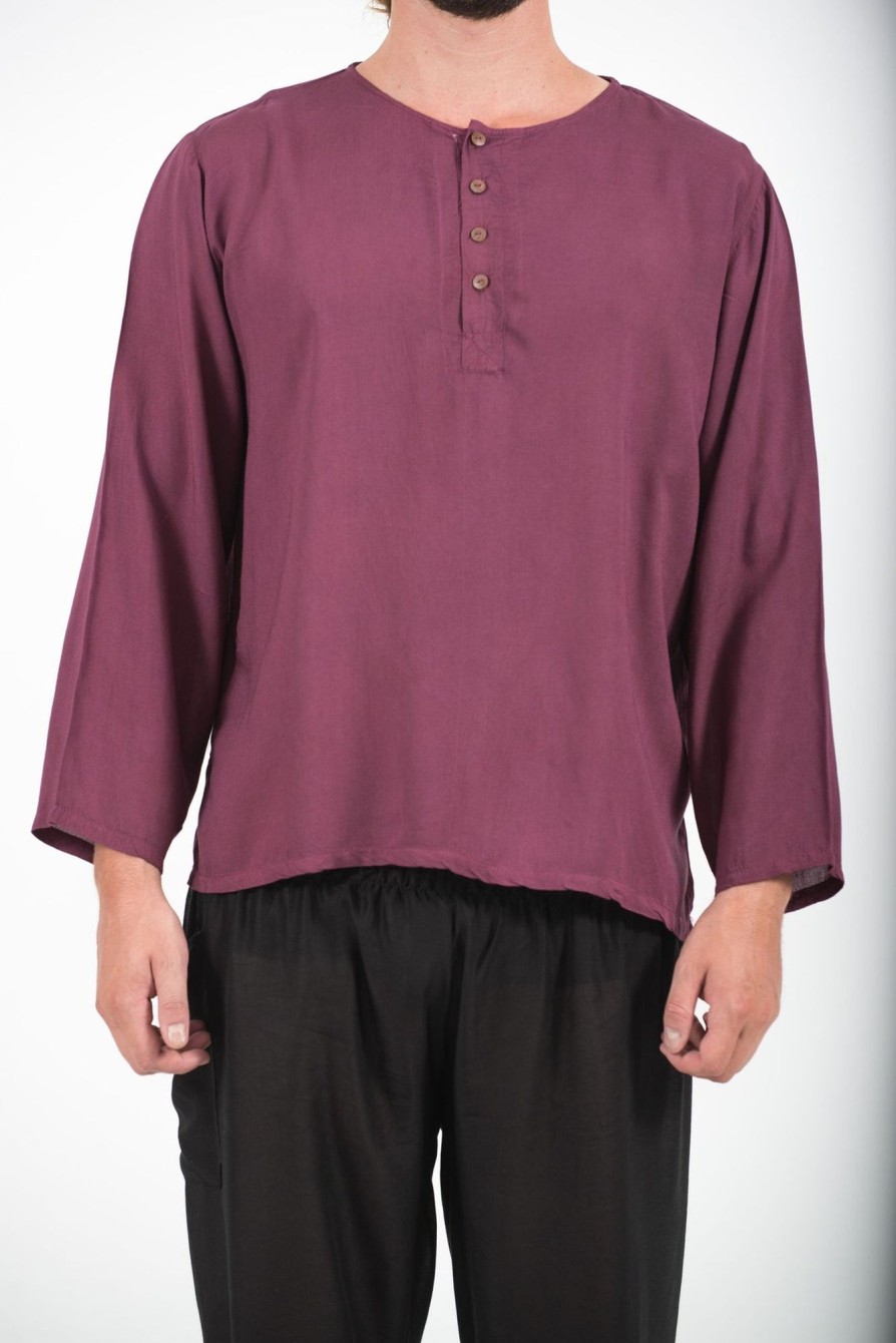 Men HaremPants | Mens Yoga Shirts No Collar With Coconut Buttons In Purple