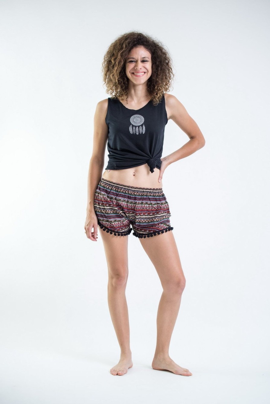 Women HaremPants | Aztec Stripes Pom Pom Shorts In Wine/Black