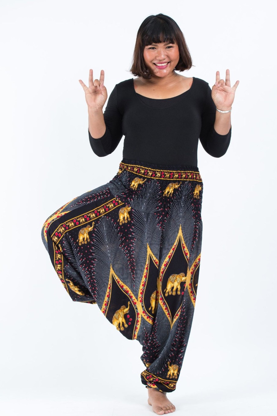 Plus Size HaremPants | Plus Size Peacock Elephant 2-In-1 Jumpsuit Elephant Pants In Black