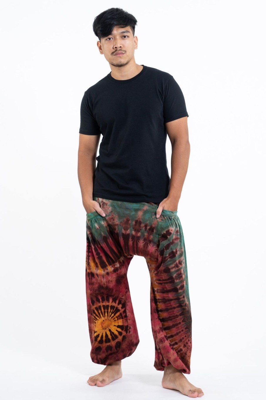 Men HaremPants | Tie Dye Cotton Men Harem Pants In Brick Green