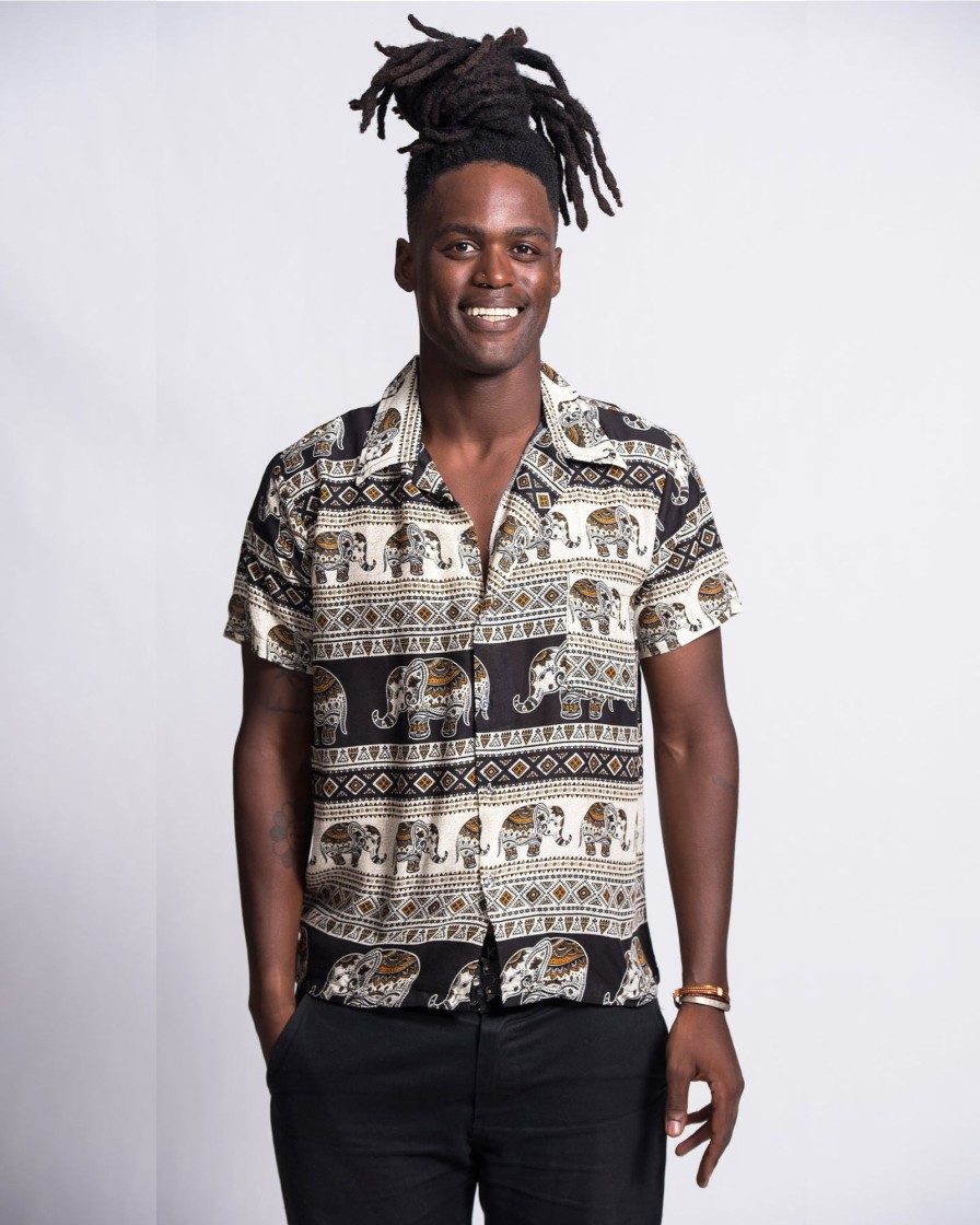 Men HaremPants | Tribal Elephant Short Sleeve Button Shirt In Black