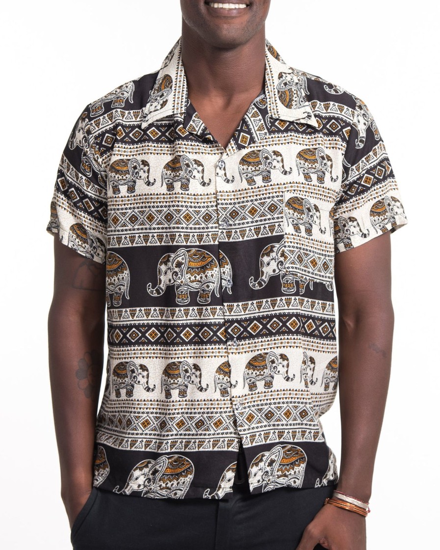 Men HaremPants | Tribal Elephant Short Sleeve Button Shirt In Black