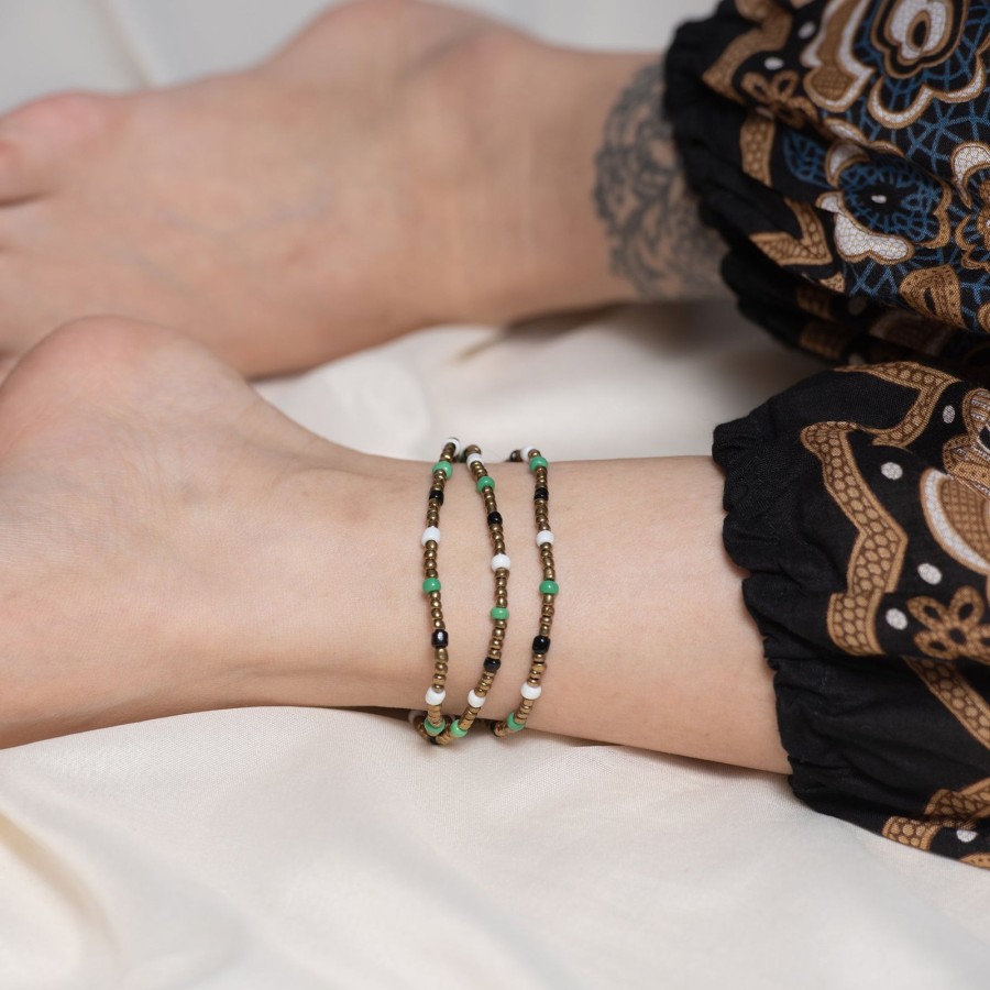 Accessories HaremPants | Hand Made Fair Trade Anklet Three Strand Brass Beads Multi Black Green White