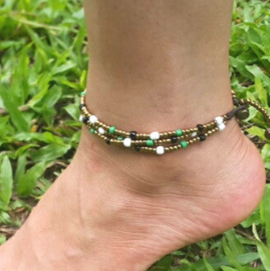 Accessories HaremPants | Hand Made Fair Trade Anklet Three Strand Brass Beads Multi Black Green White