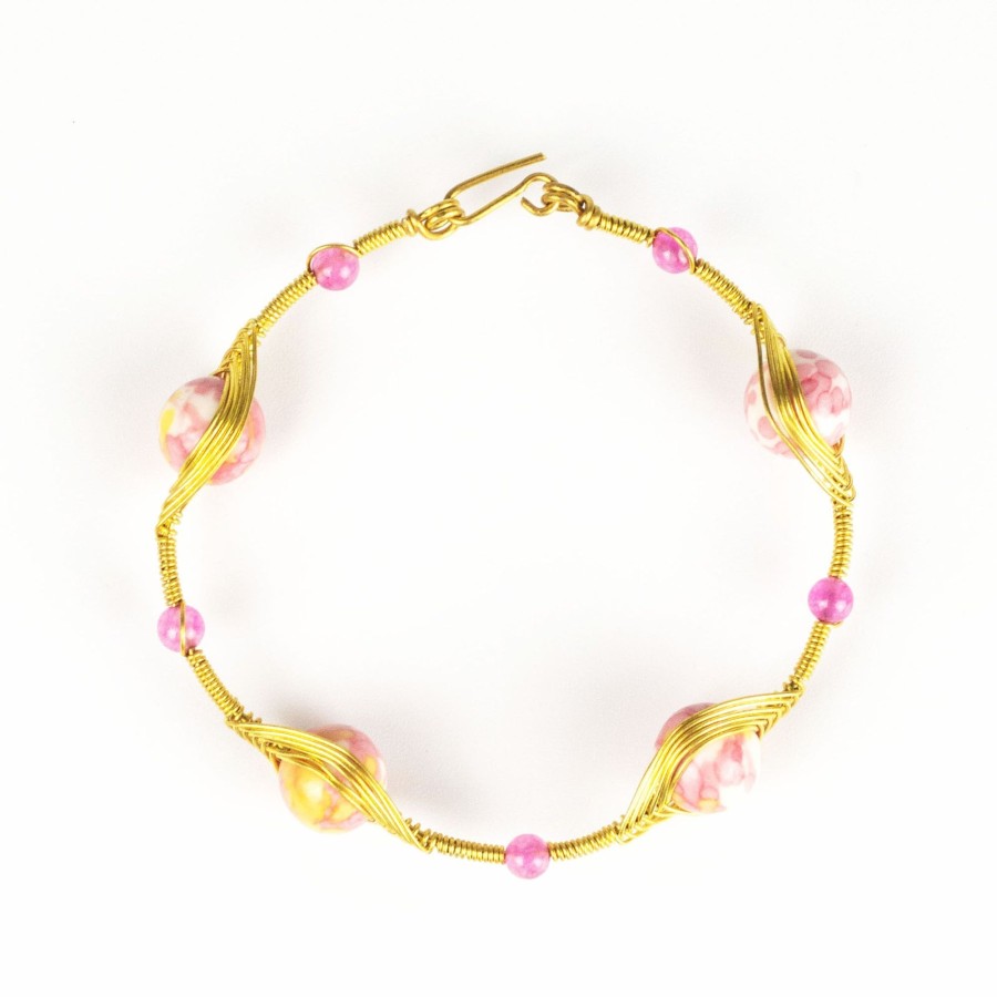 Accessories HaremPants | Wired Brass Bracelet With Marble Beads Pink