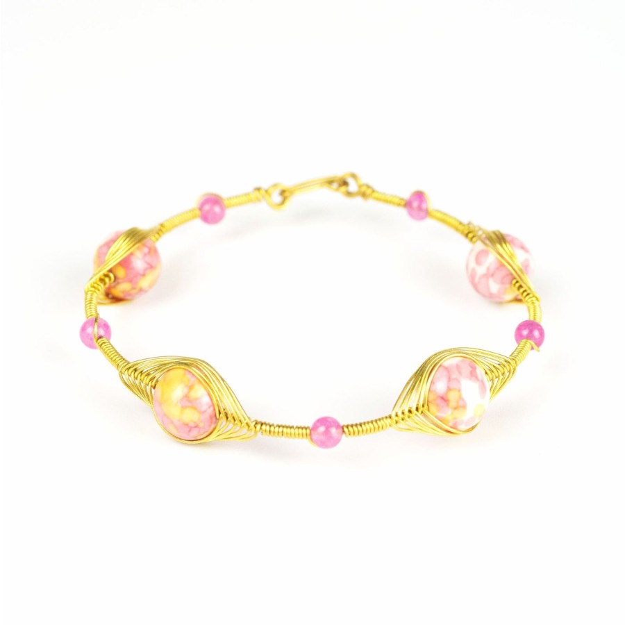 Accessories HaremPants | Wired Brass Bracelet With Marble Beads Pink