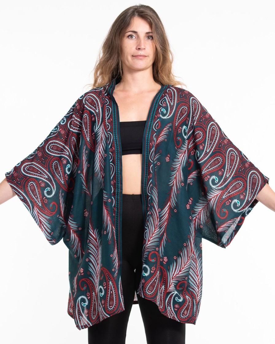 Women HaremPants | Paisley Feathers Kimono Cardigan In Green