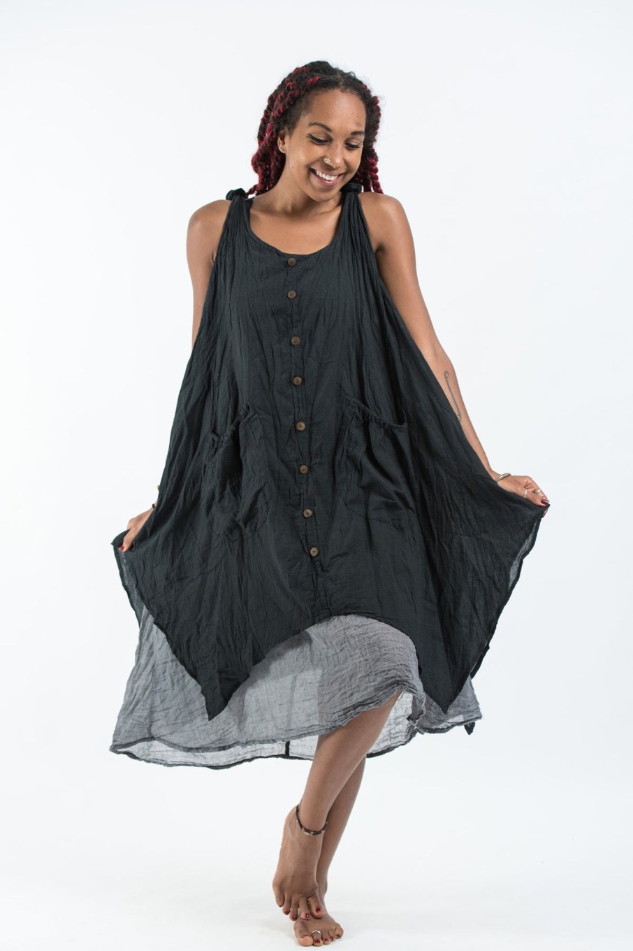 Women HaremPants | Crinkled Hill Tribe Cotton Tank Dress In Black