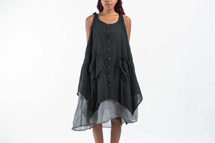 Women HaremPants | Crinkled Hill Tribe Cotton Tank Dress In Black