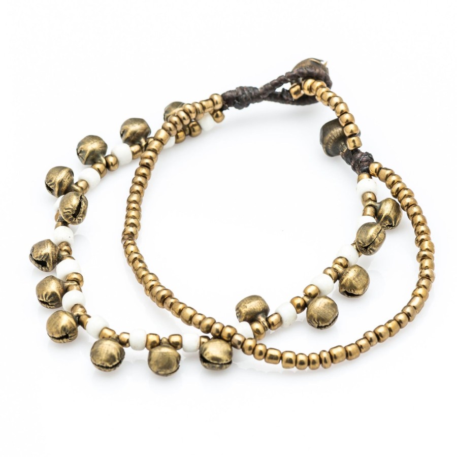 Accessories HaremPants | Brass Bell And Bead Double Strand Bracelets White