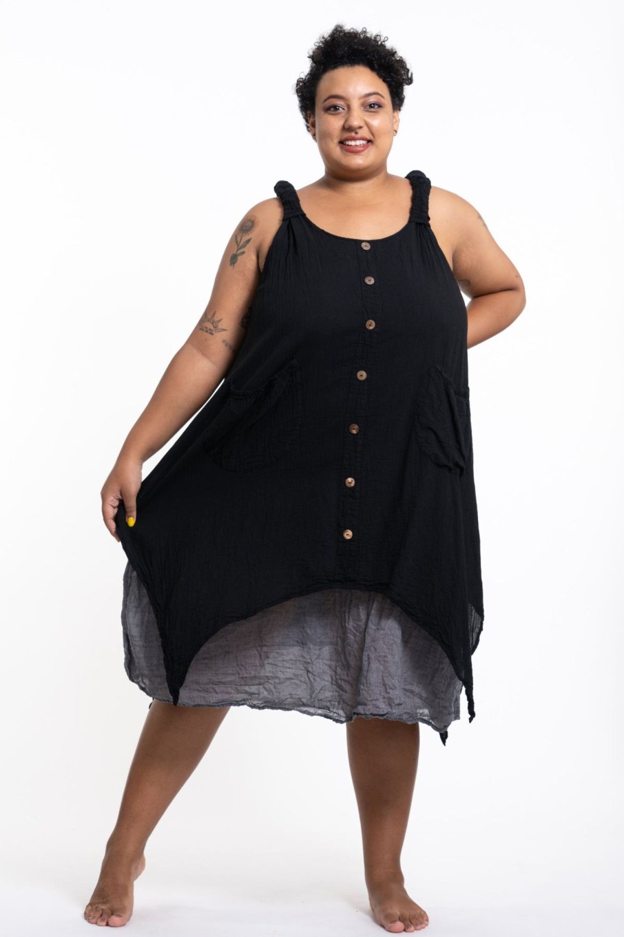 Plus Size HaremPants | Plus Size Women'S Crinkled Hill Tribe Cotton Tank Dress In Black