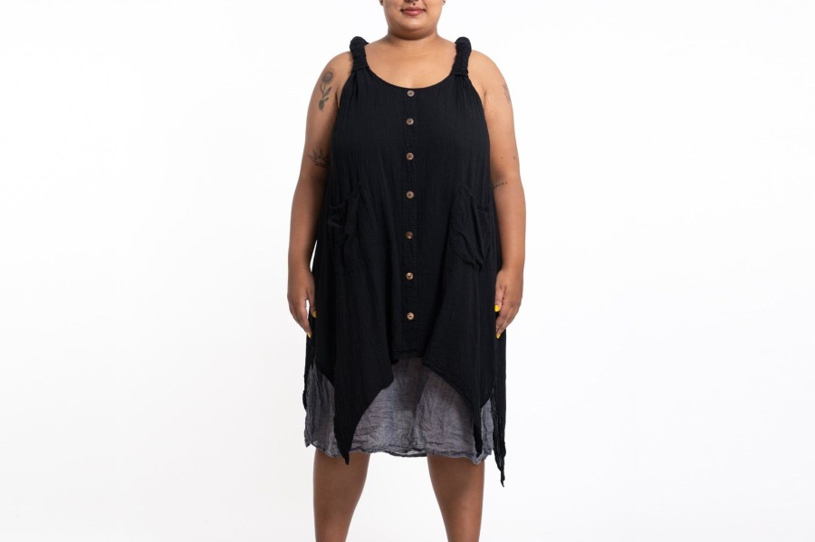 Plus Size HaremPants | Plus Size Women'S Crinkled Hill Tribe Cotton Tank Dress In Black