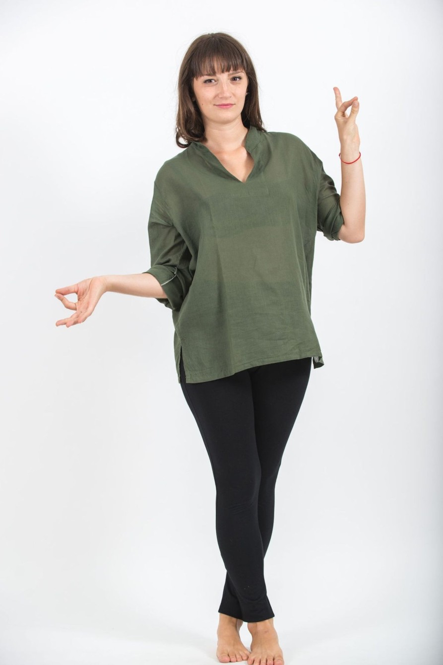 Women HaremPants | Womens Yoga Shirts Nehru Collared In Olive