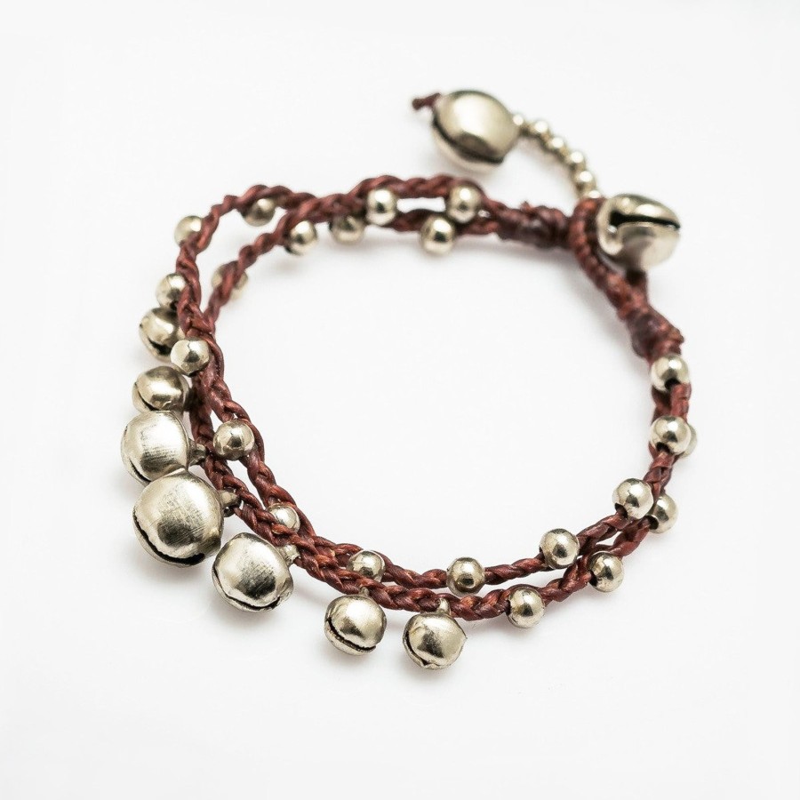 Accessories HaremPants | Silver Color Bell Waxed Cotton Bracelets In Brown