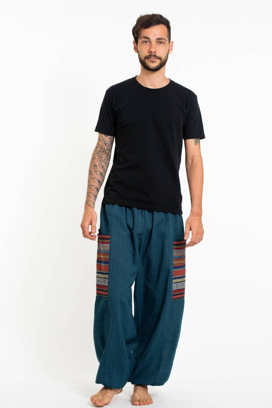 Men HaremPants | Men'S Drawstring Pinstripes Cotton Pants With Aztec Pocket In Turquoise