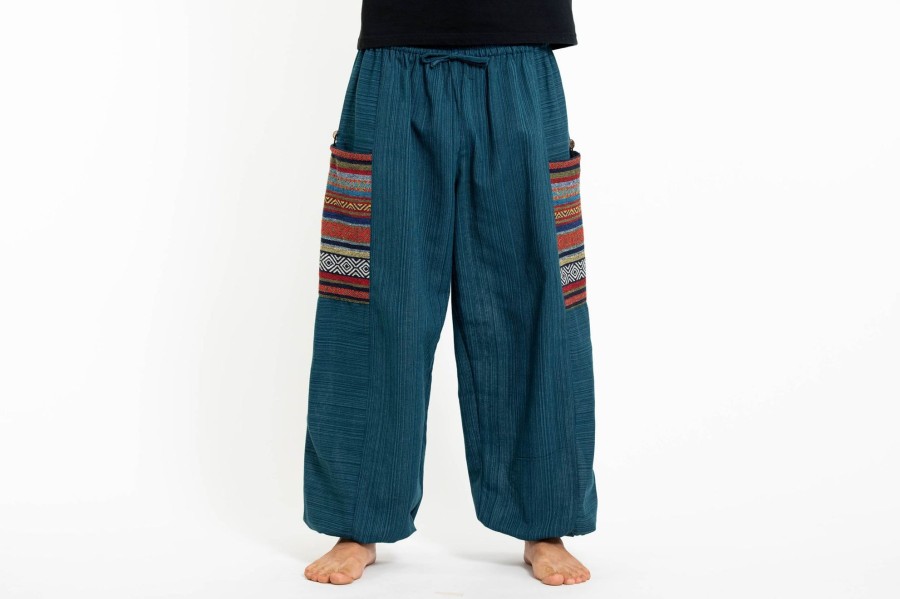 Men HaremPants | Men'S Drawstring Pinstripes Cotton Pants With Aztec Pocket In Turquoise