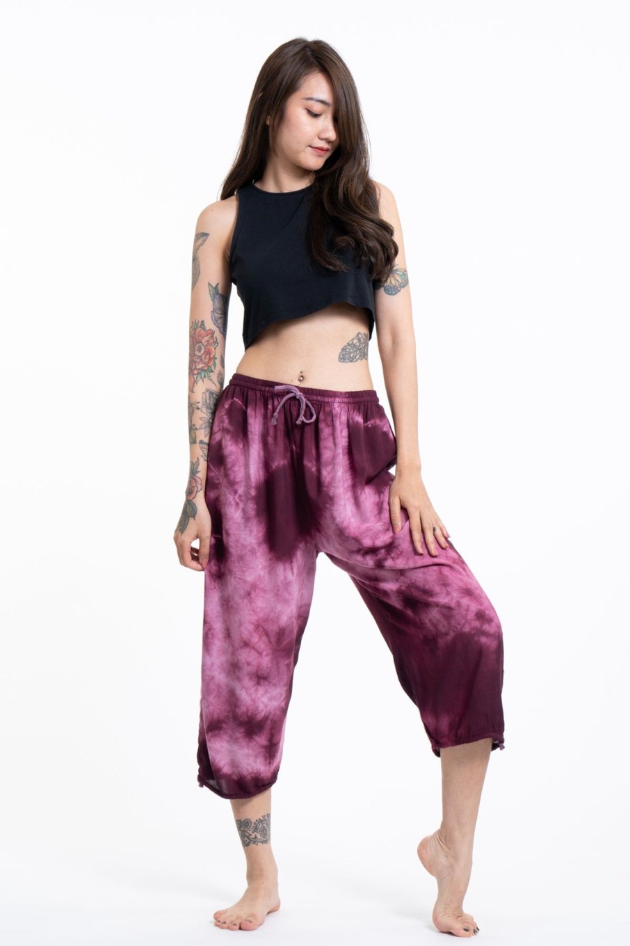 Women HaremPants | Women'S Tie Dye Drawstring Yoga Massage Cropped Pants In Dark Purple